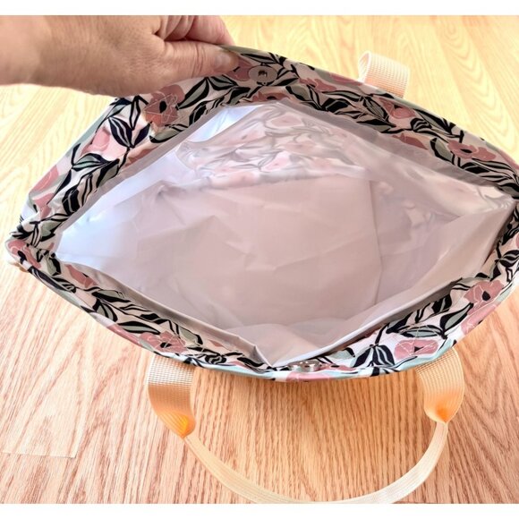 Floral Insulated Lunch Tote Bag Pockets Inside and Out Snap Drawstring New - Picture 5 of 11